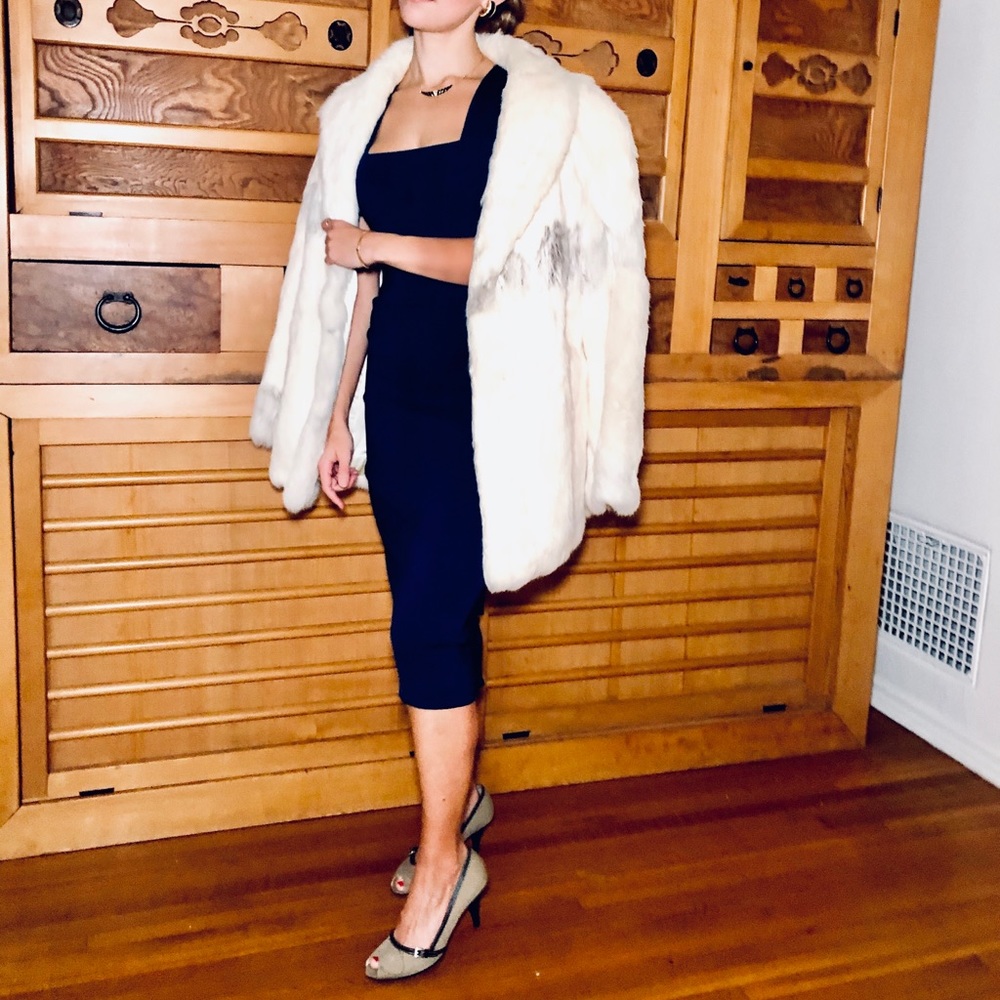 White and Grey Chevron Rabbit Fur Coat M/L // Vintage